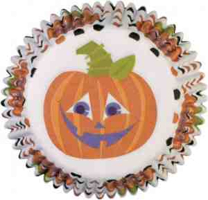 Foto: Wilton halloween standaard baking cups happy pumpkin lachende pompoen polka dots cupcake cases 75st