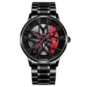 Foto: Wielwatch horloge m sportauto horloges met stalen band herenmode velghorloge cadeau mannen autovelg draaiend autoliefhebber horloge jongens