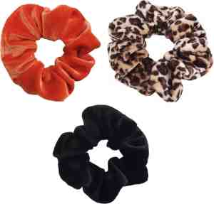 Foto: Scrunchie 3 stuks velvet extra vol en luxe haarelastiek haarwokkel scrunchies oranje zwart panterprint bruintinten kraagjeskopen nl