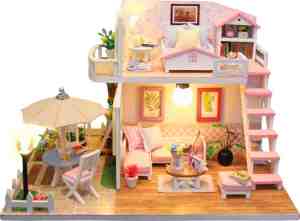 Foto: Craftsco bouwpakketten volwassenen kinderen   houten poppenhuis   miniatuur bouwpakket roze kamer