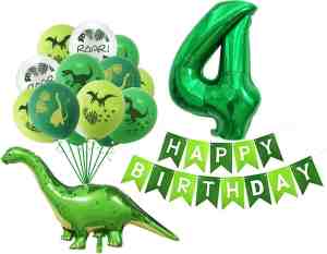 Foto: Dinosaurus latex ballonnen 4 jaar 4e verjaardag feestje groen cijfer 4 ballon set jurassic verjaardagsfeest decoratie