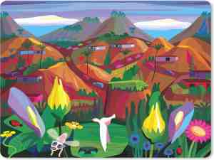 Foto: Muismat illustraties kleurrijke illustratie van een heuvelachtig landschap muismat rubber 23x19 cm muismat met foto