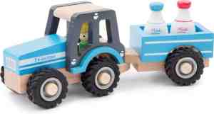 Foto: New classic toys houten tractor met aanhanger   blauw