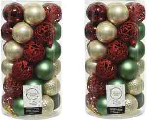 Foto: 74x stuks kunststof kerstballen parel donkerrood donkergroen saliegroen 6 cm mat glans glitter onbreekbare plastic kerstballen