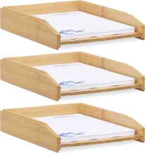Foto: Relaxdays 3 x brievenbak stapelbaar   documentenbak   hout   a4 formaat   papierbak bamboe