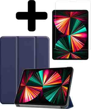 Foto: Ipad pro 2021 12 9 inch hoes book case cover met screenprotector donker blauw