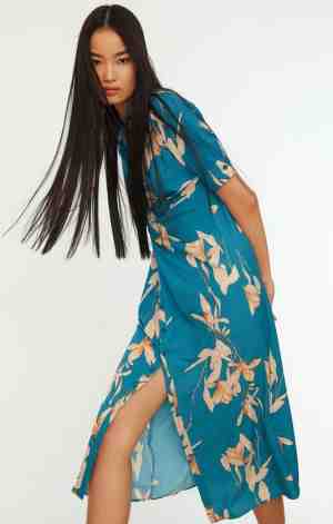 Foto: Trendyol vrouwen standaard mouw kraag overhemdjurk meerkleurige verzamelde gedetailkunstleerde geweven geweven jurk twoss21el1018