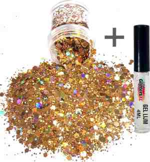 Foto: Glittersxl   chunky glitters rose goud glitter huid lijm volume 8g festival roze gold jewels glitter outfit lichaam en gezicht   make up diamond dots face body diamantjes strass steentjes kinderen volwassenen dames makeup tattoo mastix schmink