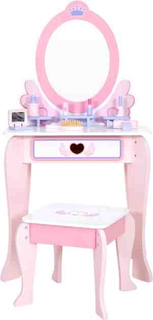 Foto: Houten kaptafel meisjes kinderkaptafel spiegel en krukje prinsesje houten kaptafel met stoel en 6 make up accessoires
