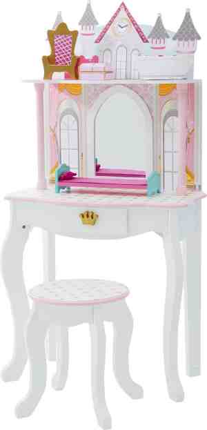 Foto: Teamson kids houten kaptafel kinderen tafel en stoel set dromenland kasteel ontwerp omvat 4 poppen accessoires wit roze