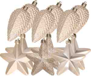 Foto: Dennenappels en sterren kerstornamenten 12 stuks kunststof champagne