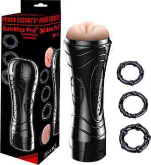 Foto: Power escorts   quickies pro   stevige vibrerende masturbator   extra inclusief 3 pack beaded cockringen   7 speed vibrerend   24 cm   zwart   met beige sappige vagina   cadeauverpakking