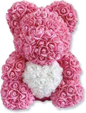 Foto: Rozen teddybeer van roze kunstrozen van 40cm   valentijnsdag  moederdag  verjaardag  rose bear  bloemen beer  teddy beer   40cm roze rose bear met wit hart   40cm roze rozen beer   rozenbeer 40cm   geboorte  inclusief giftbox