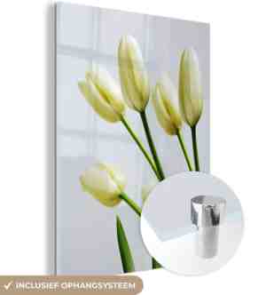 Foto: Muchowow glasschilderij   close up van witte franse tulpen met een mooie witte achtergrond   30x40 cm   acrylglas schilderijen   foto op glas