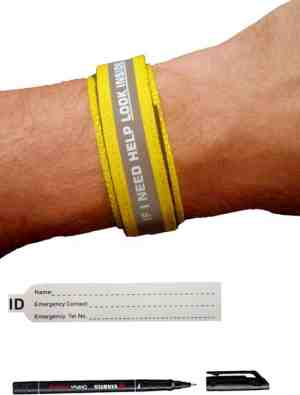 Foto: Sos armband volwassenen geel   reflecterend inclusief pen   naambandje id armband sport infobandje alarmbandje