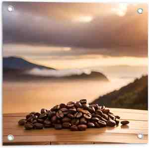 Foto: Tuinposter koffiebonen met mooie achtergrond 50x50 cm foto op tuinposter wanddecoratie voor buiten en binnen 