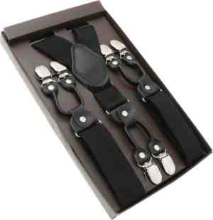 Foto: Luxe chique heren bretels zwart effen dessin   met zwart leer   6 extra stevige clips