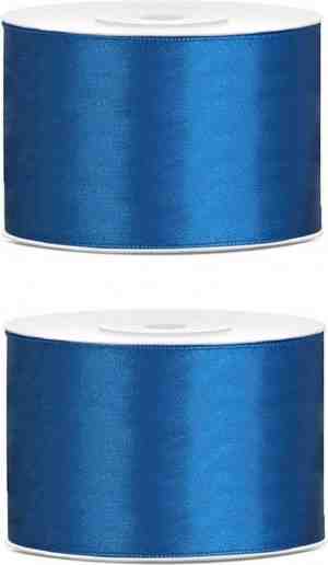 Foto: 2x hobby decoratie blauw satijnen sierlinten 5 cm 50 mm x 25 meter cadeaulint satijnlint ribbon blauwe linten hobbymateriaal benodigdheden verpakkingsmaterialen