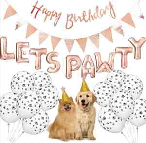 Foto: Verjaardagsset voor de hond goud rose   hond verjaardag feestartikelen   huisdier feestdecoratie   hond paw print ballonnen   foil ballonnen   banner   pawty letters decoraties voor hond verjaardag   feestartikelen