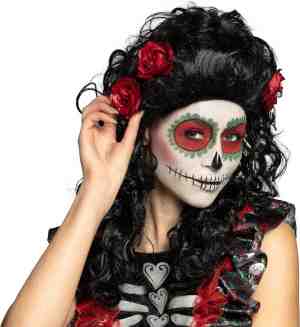 Foto: Boland pruik catrina zwart krullen lang vrouwen day of the dead