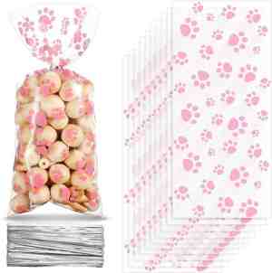 Foto: 25 stuks uitdeelzakjes traktatie zakjes roze pootafdrukken 27x12 cm