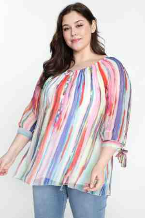 Foto: Paprika zijden blouse met kleurrijk strepenmotief