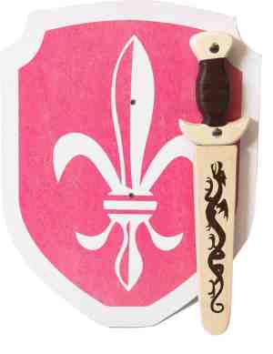 Foto: Houten dolk met schede en ridderschild franse lelie roze schild zwaard ridder kinderzwaard