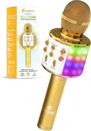 Foto: Ayekids 5 in 1 karaoke microfoon   draadloos bluetooth ingebouwde speaker disco lichten incl  aux kabel   microfoon kinderen   karaoke set   goud