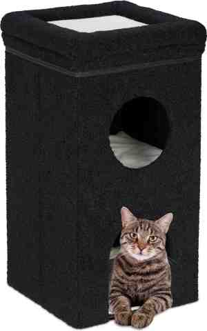 Foto: Relaxdays kattenhuis binnen opvouwbaar kattenmeubel met krabmat overdekte kattenmand