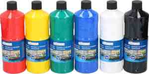 Foto: Set van 6x acrylverf temperaverf   6 kleuren   fles 500 ml   roodgeelgroenblauwwitzwart   tempera acryl verf   hobbyknutselmateriaal   schilderij maken   verf op waterbasis   hobbyknutsel materiaal