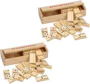 Foto: 2 x doosje houten domino spel in kistje 56 dominostenen gezelschapsspel familiespel