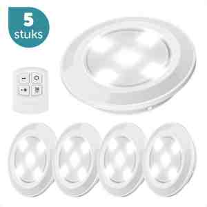 Foto: Fordig draadloze led spots 5 stuks   inclusief afstandsbediening   licht spotjes op batterijen met dimmer en timer   30 lumen per lamp met 3 lichtstanden