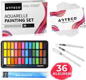 Foto: Arteco 36 kleuren aquarelverf set inclusief 3 water brush pennen en aquarelpapier waterverf geschenkdoos