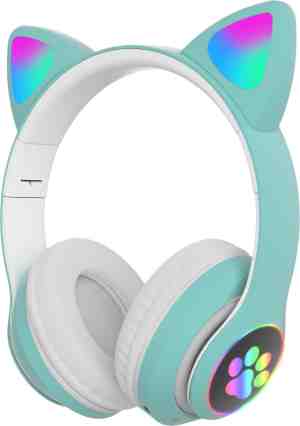 Foto: Kinder hoofdtelefoon cat headphones draadloze koptelefoon bluetooth met led kattenoortjes licht groen koptelefoon voor kinderen met led kat oortjes met verlichting poot