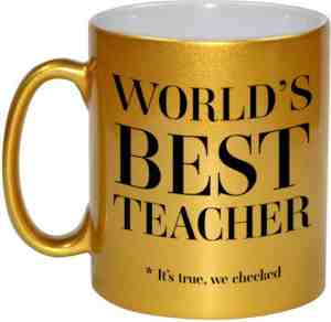 Foto: Worlds best teacher cadeau koffiemok theebeker   330 ml   goudkleurig   cadeau mok