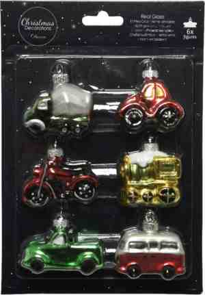 Foto: 6x stuks glazen kersthangers voertuigen thema 49 cm kerstornamenten   kerstversiering ornamentenkerstboomversiering