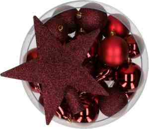 Foto: Decoris kerstballen pakket van 33 stuks met ster piek 5 6 8 cm kunststof donkerrood