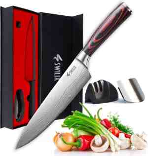 Foto: Swilix professioneel koksmes 20 cm inclusief messenslijper mes  en vingerbeschermer duurzaam en vlijmscherp   universeel rvs keukenmes