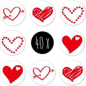 Foto: 40x stickers hartjes 4 soorten rood wit rond 25 mm
