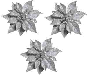 Foto: 3x kerstboomversiering bloem op clip zilveren kerstster 18 cm kerstfiguren zilveren kerstversieringen