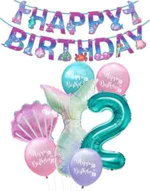 Foto: Cijfer ballon 2 turquoise zeemeermin mermaid meermin plus ballonnen pakket kinderfeestje verjaardag slinger snoes