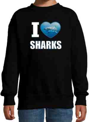 Foto: I love sharks sweater met dieren foto van een haai zwart voor kinderen cadeau trui haaien liefhebber kinderkleding kleding 134 146