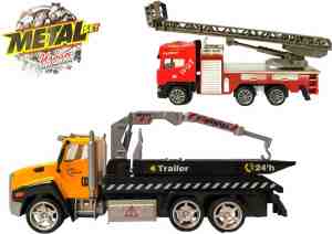 Foto: Vrachtwagen autotransporter brandweerauto speelgoed set brandweer diecast voertuigen 2in1