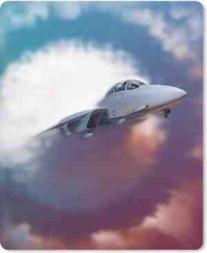 Foto: Muismat straaljager   illustratie van een straaljager voor een gekleurde lucht met circulaire wolken muismat rubber   19x23 cm   muismat met foto