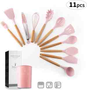 Foto: Kookgerei set met houder 11 delig   keukengerei siliconen set roze met hout   kitchenset   keukengerei