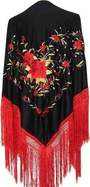 Foto: Spaanse manton omslagdoek zwart rood goud large met rode franjes bij verkleedkleding of flamenco jurk