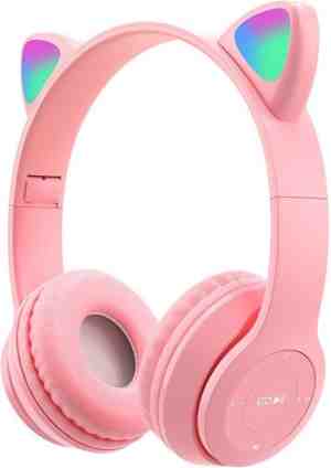 Foto: Kinder hoofdtelefoon draadloze koptelefoon headset on ear bluetooth microfoon katten oorjtes led verlichting roze
