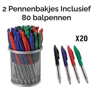 Foto: 2 pennenbaken 2 pennenhouders incl 80 balpennen 2 pennenbakjes 80 balpennen zwarte blauwe rode groene balpennen pennen voor kantoor 80 pack balpennen
