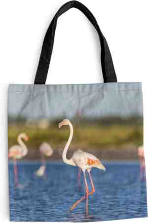 Foto: Schoudertas strandtas shopper een groep flamingo s in het water 45x45 cm katoenen tas