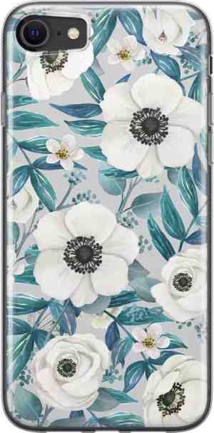 Foto: Iphone 87 hoesje siliconen   witte bloemen   soft case telefoonhoesje   bloemen   transparant blauw